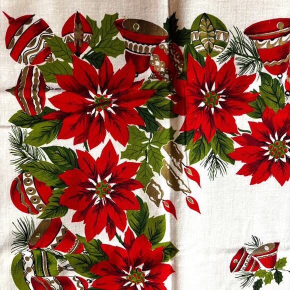 Vintage Christmas tablecloth cotton printed in festive red poinsettias border - Picture 7 of 10
